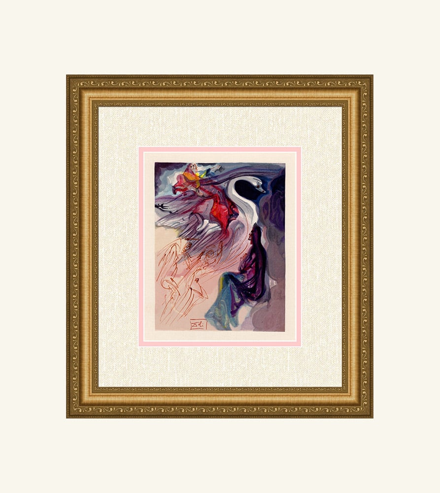 Salvador Dali 1960 Woodcut Language of the Bird Signed Framed: Salvador Dali. "The Language of the Bird" Paradise Chant 19. Authentic Original Color Woodcut from The Divine Comedy Printed in 1960 on B.F.K. Rives Paper ( this is not a reproduction, copy, or reprin