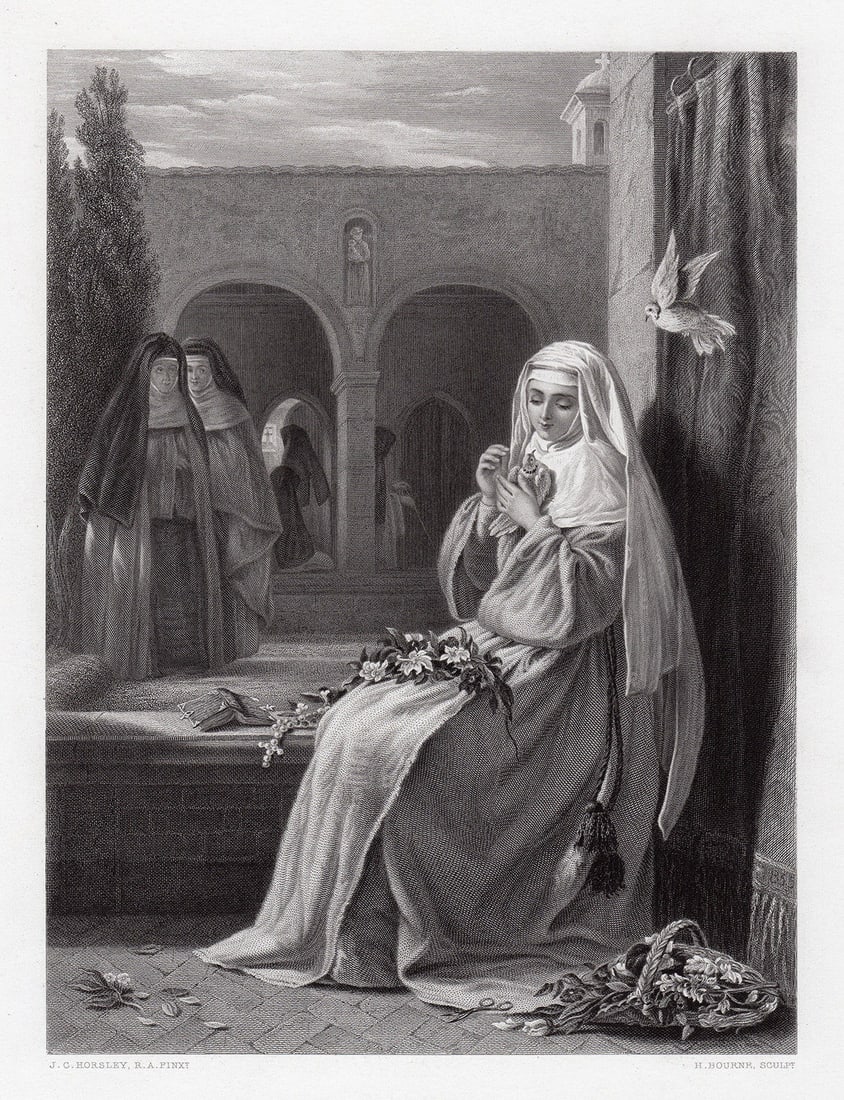 John Horsley 1872 engraving Novice signed: John Callcott Horsley. (English, 1817 - 1903). The Novice. Antique engraving on wove paper after the original painting by master etcher Herbert K Bourne (1825-1907). 1872. Signed in the plate. Image S