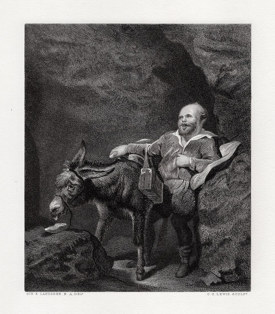 HENRI LANDSEER 1800s Engraving Sancho, Panza & Dapple Framed SIGNED (1 of 3)