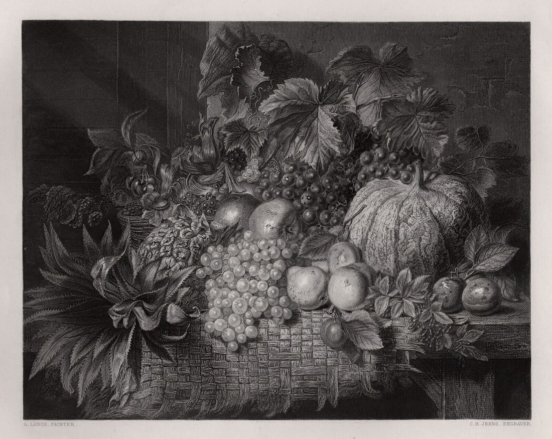 GEORGE LANCE 1800s Engraving Still Life with pineapple SIGNED FRAMED (1 of 3)