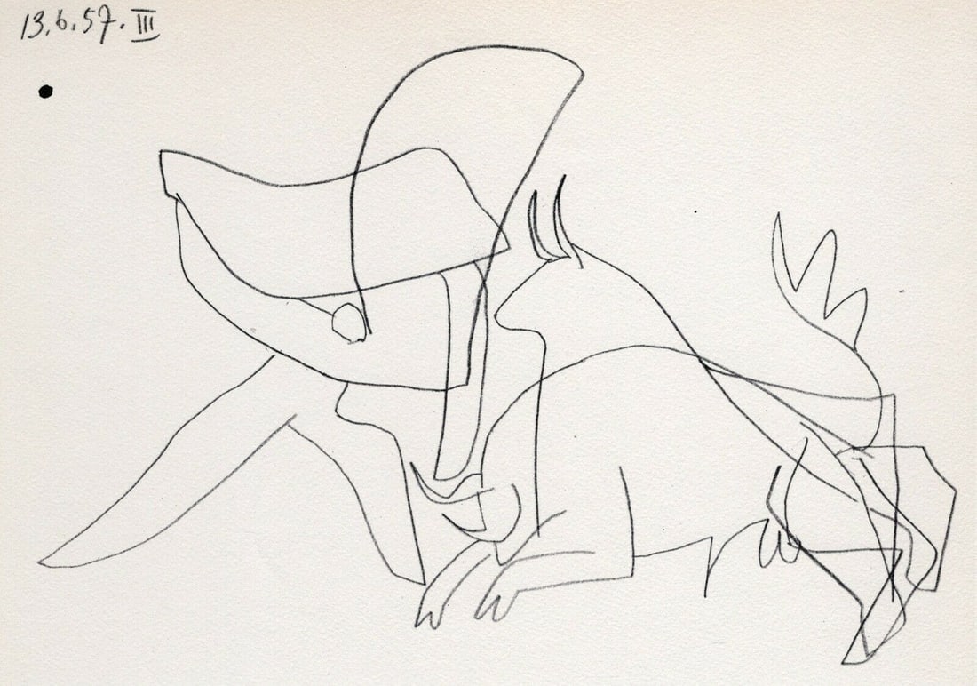 PABLO PICASSO 1961 Vintage Lithograph 6-13-57 III FRAMED: Pablo Picasso (1881 - 1973). Taunting the Bull III (Burlándose del Toro). Black and white offset lithograph, on Arches paper, after the original sketch. Atelier: Mourlot. Year: 1961. Signature/Dated: