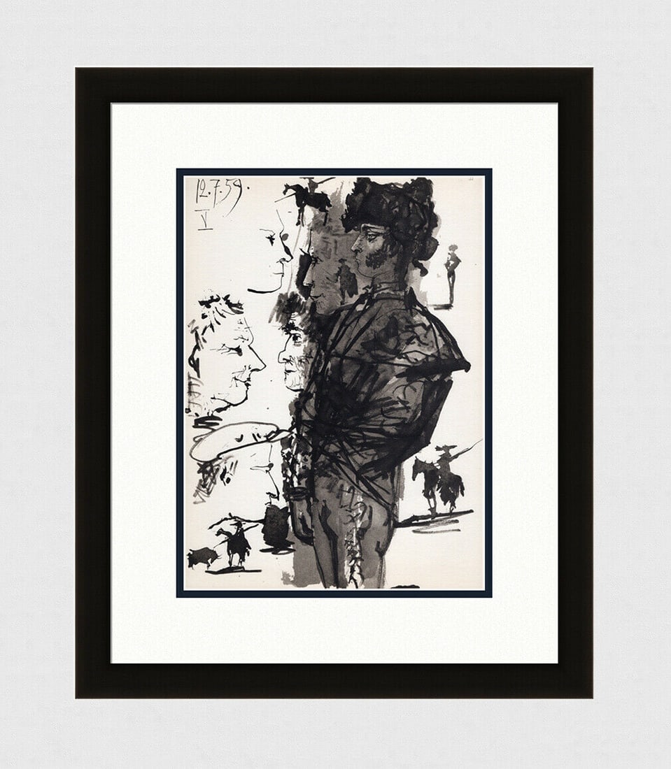 PABLO PICASSO 1961 Vintage Lithograph El Estudio del Torero FRAMED: Pablo Picasso (1881 - 1973). The Bullfighter Study V (El Estudio del Torero). Black and white offset lithograph, on Arches paper, after the original sketch. Atelier Mourlot. Year: 1961. Signature/Date