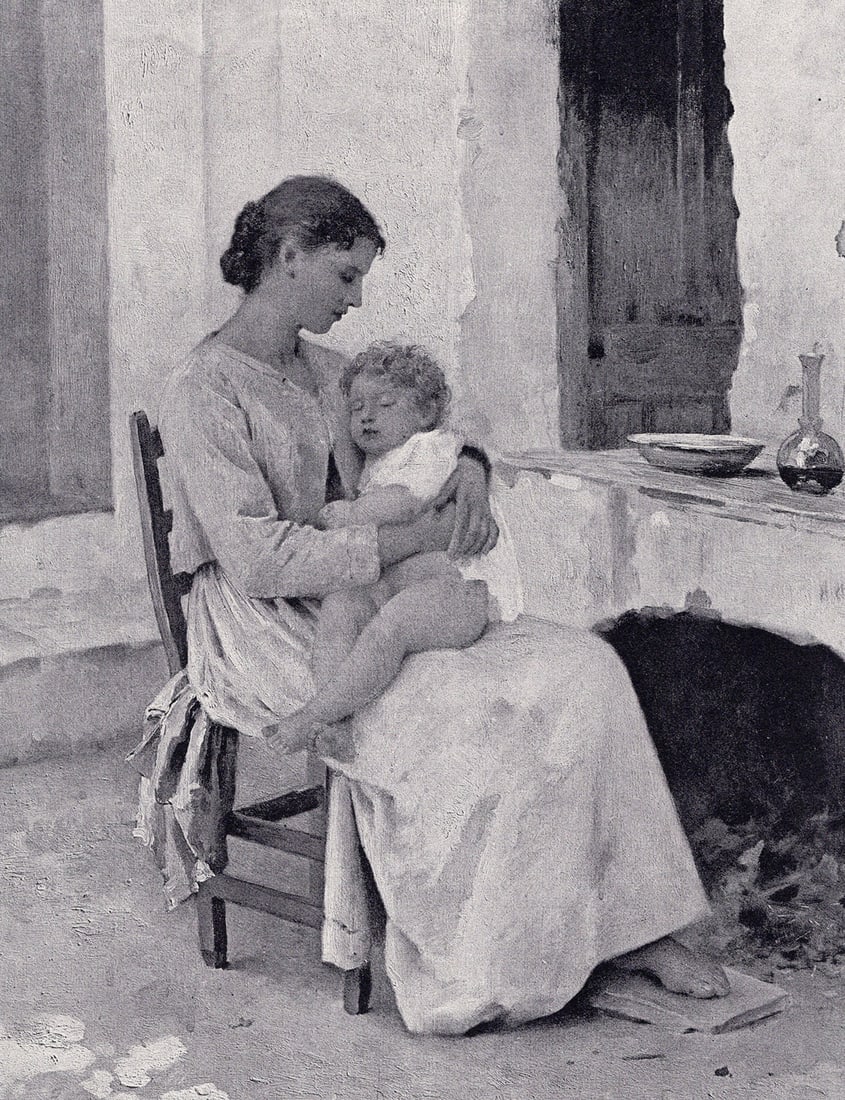 1800s Edouard Sain Antique Print Mother & Child Framed SIGNED: edouard Alexandre Sain (French; 1830 - 1910). The Young Mother. Antique print after the original. Year: c. 1890. Signed in the plate, lower right. Image Size 8 1/8 x 9 7/8 inches. Framed dimensions ap