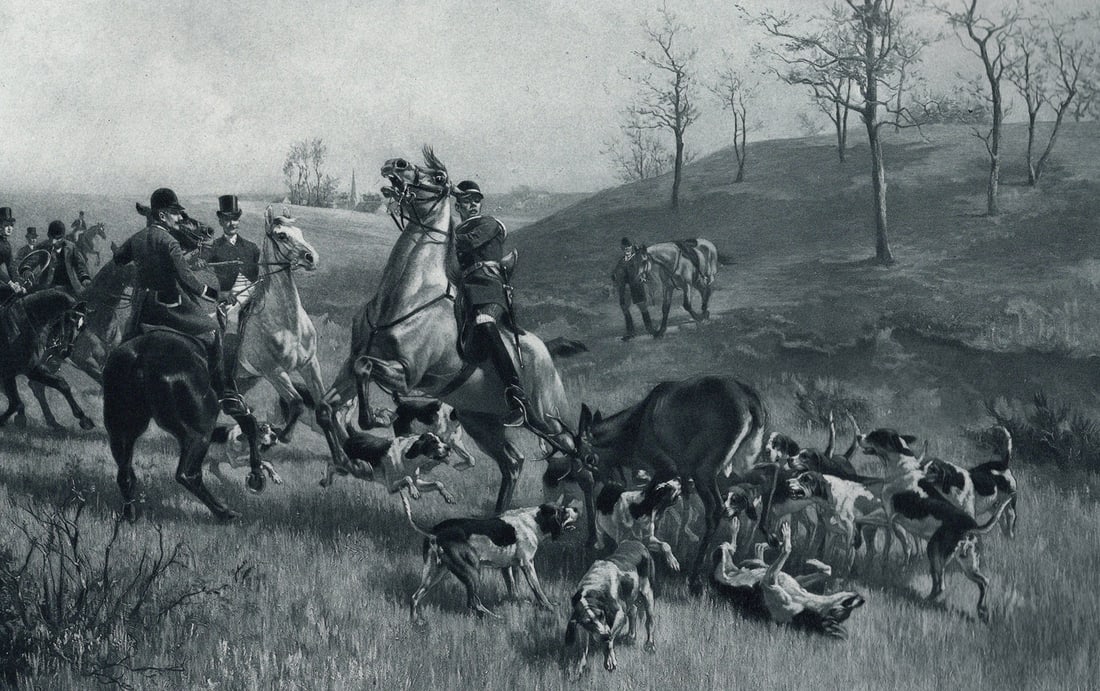 1800s Georges Busson Antique Print Hunting Day Signed Framed: Georges Louis Charles Busson (1859 - 1933). The Cry of the Dogs (Le cri des Chiens). Antique heliogravure on thick wove paper after the original. Year: c. 1890. Signed in the plate, lower left. Image