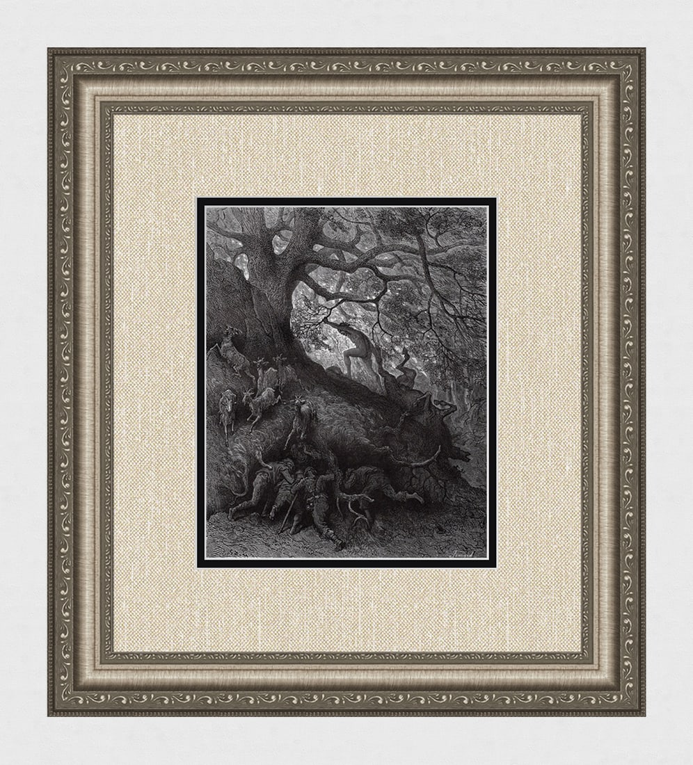 FRAMED 1800s Gustave DORE Orlando Furioso Woodcut THE MADMAN Signed: Gustave Dore (Paul Gustave Louis Christophe Dore )(French, 1832-1883). Mad Orlando continues to drag a dead horse after him as he wanders. (From Orlando Furioso). Antique woodcut on wove paper after t