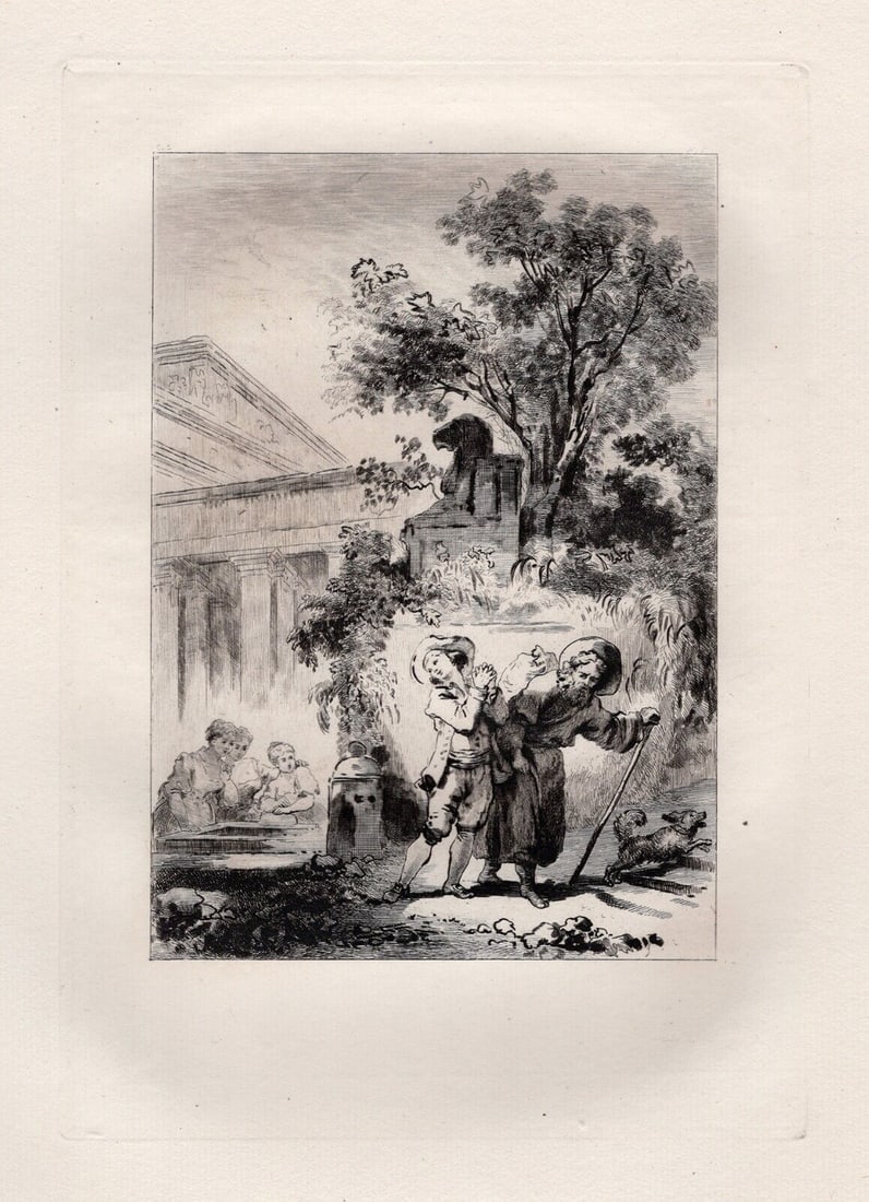 Jean-Honore Fragonard 1800s Limited Etching Brother Philipp's Geese FRAMED: Jean-Honore Fragonard (French, 1732 - 1806). The Geese of Brother Philippe (Les Oies du Frere Philippe) (from Conte de La Fontaine). Antique etching on laid paper after the original by master engraver
