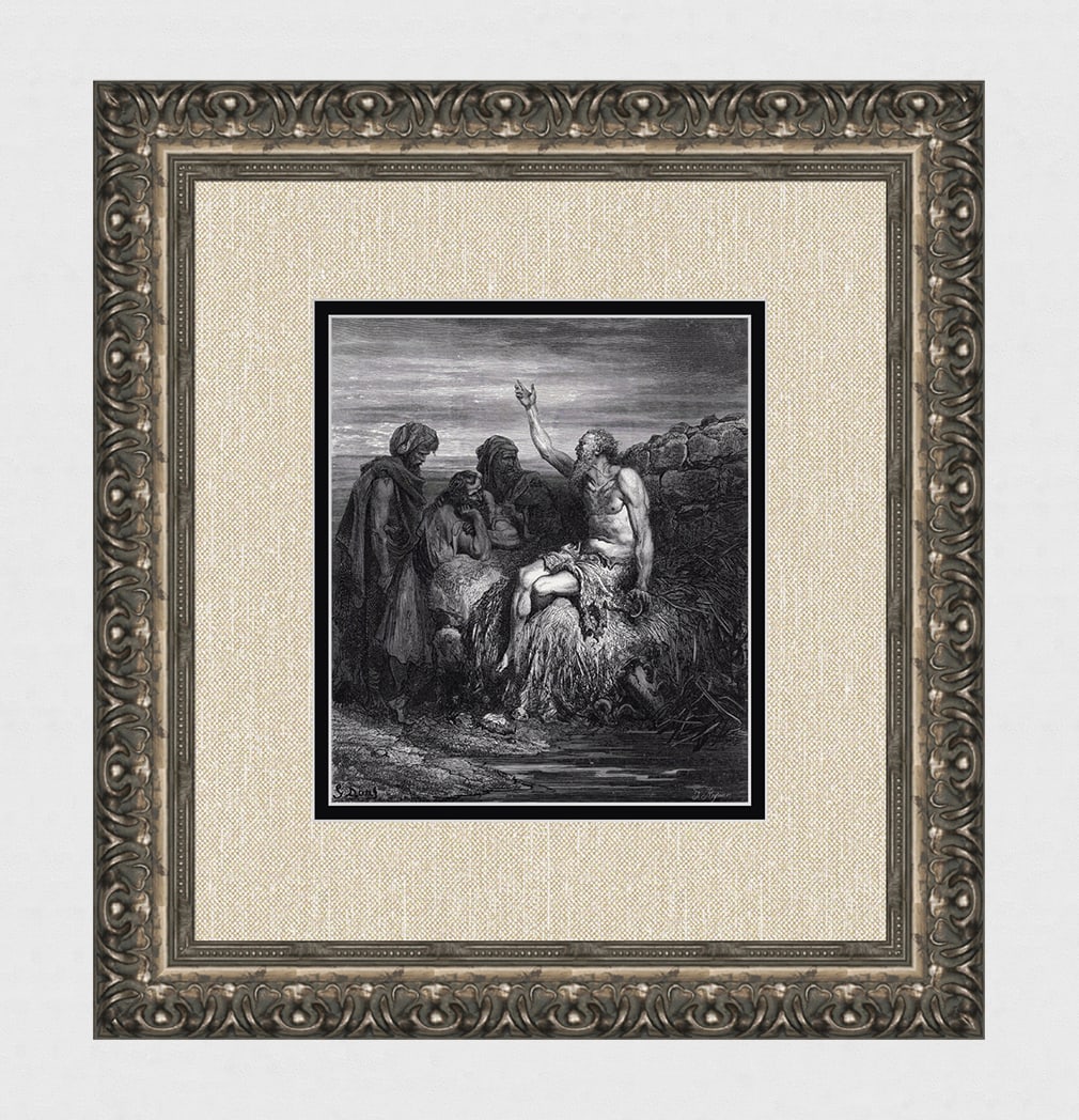 DORE 1800s Dore's Bible Wood Engraving "Job's Three Friends" Framed SIGNED: Gustave Dore (Paul Gustave Louis Christophe Dore) (French, 1832-1883). Job and his Friends (from Dore's Bible). Antique Wood Engraving on wove paper executed by master wood engraver (J. Regnier (19th
