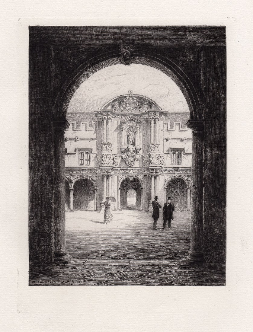 Charles Henri Toussaint 1879 etching Gateway of St. John's College signed: Charles Henri Toussaint. (French, 1849-1911). Gateway of St. John's College. Antique Etching on laid paper. 1879. Signed in the plate, lower left. Excellent. Image Size 6 1/4 x 8 1/4 inches.