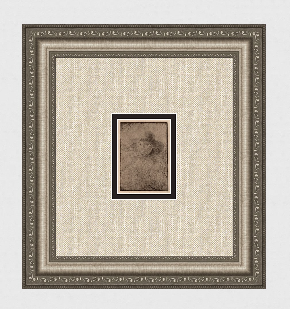 1800s REMBRANDT B330 Etching Young Man Broad Brimmed Hat Durand Framed: After Rembrandt Harmenszoon Van Rijn (1606-1669). Young Man in a Broad Brimmed Hat. Antique hand pulled copper plate etching on laid paper after the original by master etcher Amand Durand (1831 -