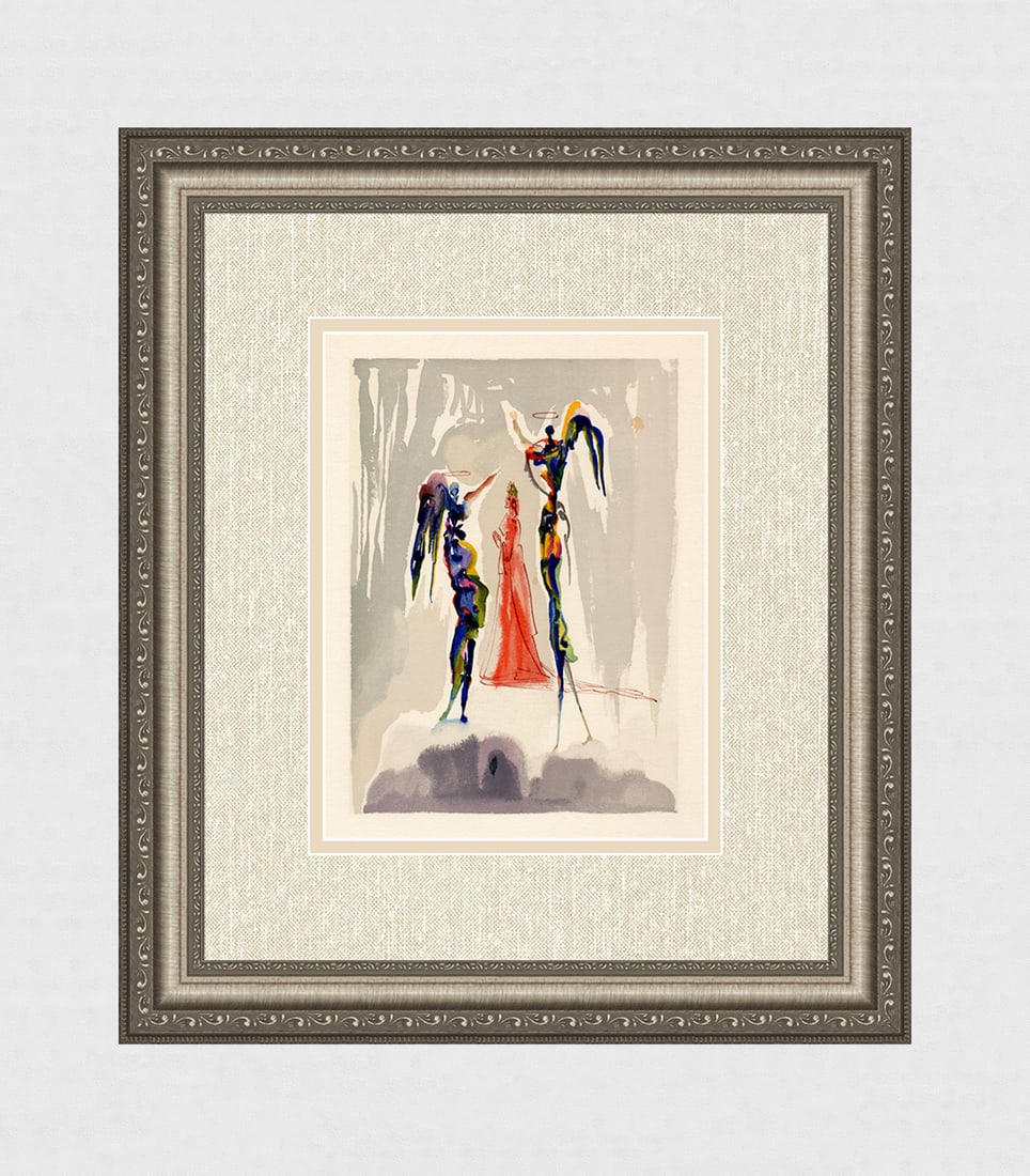 1960 Salvador Dali Paradise Angels Authentic Woodcut Framed: Salvador Dali. (1904-1989). "Gloria Patri" Paradise Canto 27. Authentic Original Color Woodcut from The Divine Comedy Printed in 1960 on B.F.K. Rives Paper ( this is not a reproduction, copy, or