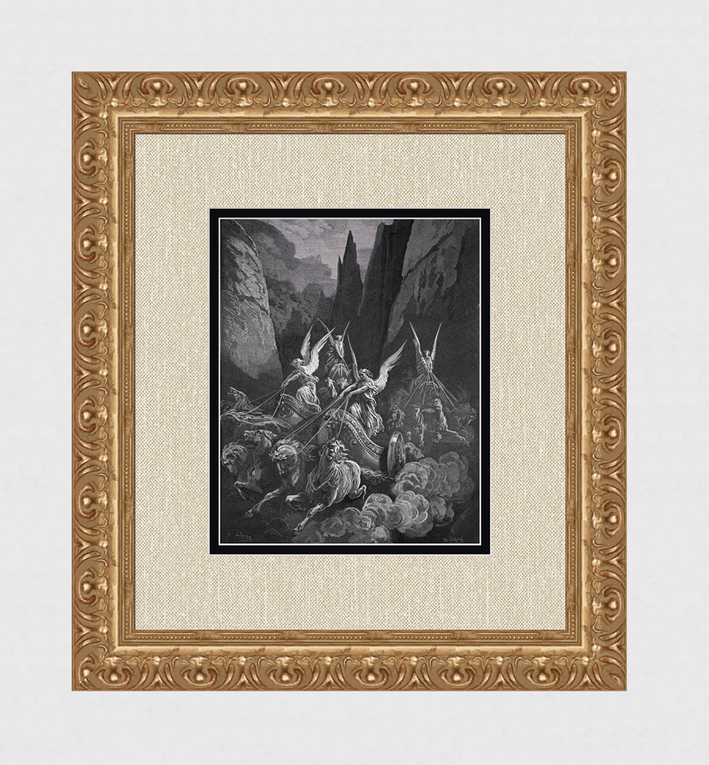 GUSTAVE DORE 1800s Religious Woodcut Vision of the Four Chariots SIGNED Framed: Gustave Dore (Paul Gustave Louis Christophe Dore) (French, 1832-1883). The Vision of the Four Chariots (from Dore's Bible). Antique woodcut wove paper after the original by a master wood engraver Ad