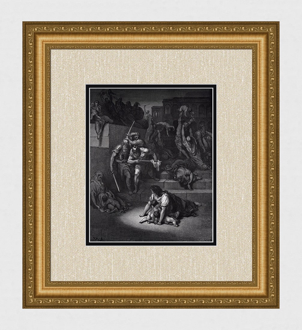 1800s GUSTAVE DORE Religious Woodcut Herod Kills the Children SIGNED FRAMED: Gustave Dore (Paul Gustave Louis Christophe Dore) (French, 1832-1883). The Massacre of the Innocents (from Dore's Bible). Antique woodcut wove paper after the original by a master wood engraver