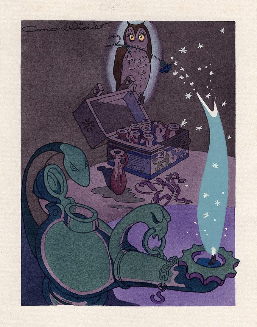 FRAMED 1946 Andre Didier Color Lithograph MILO'S WIFE AS AN OWL Limited SIGNED: Andre Didier (from The Golden Donkey). Milo's wife performs her witchcraft and transforms herself into a bird (from The Golden Donkey). Vintage color lithograph on Vellum Crown paper.Year: 1946. Signe