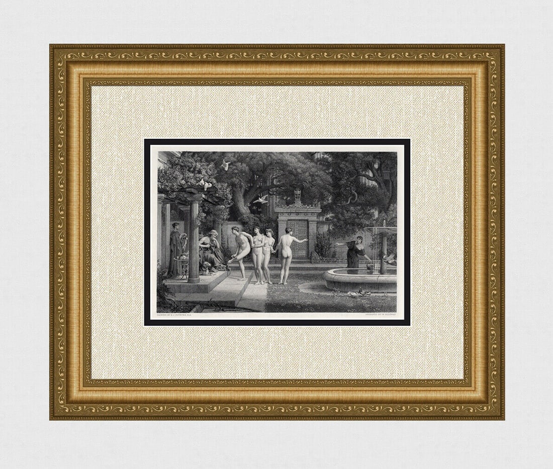 Edward John Poynter 1800s Engraving "Aesculapius & Venus" SIGNED FRAMED: Sir Edward John Poynter, 1st Baronet (English, 1836-1919). A Visit to Aesculapius. Antique engraving on wove paper after the original oil paint on canvas by a master engraver William Ridgway (British,