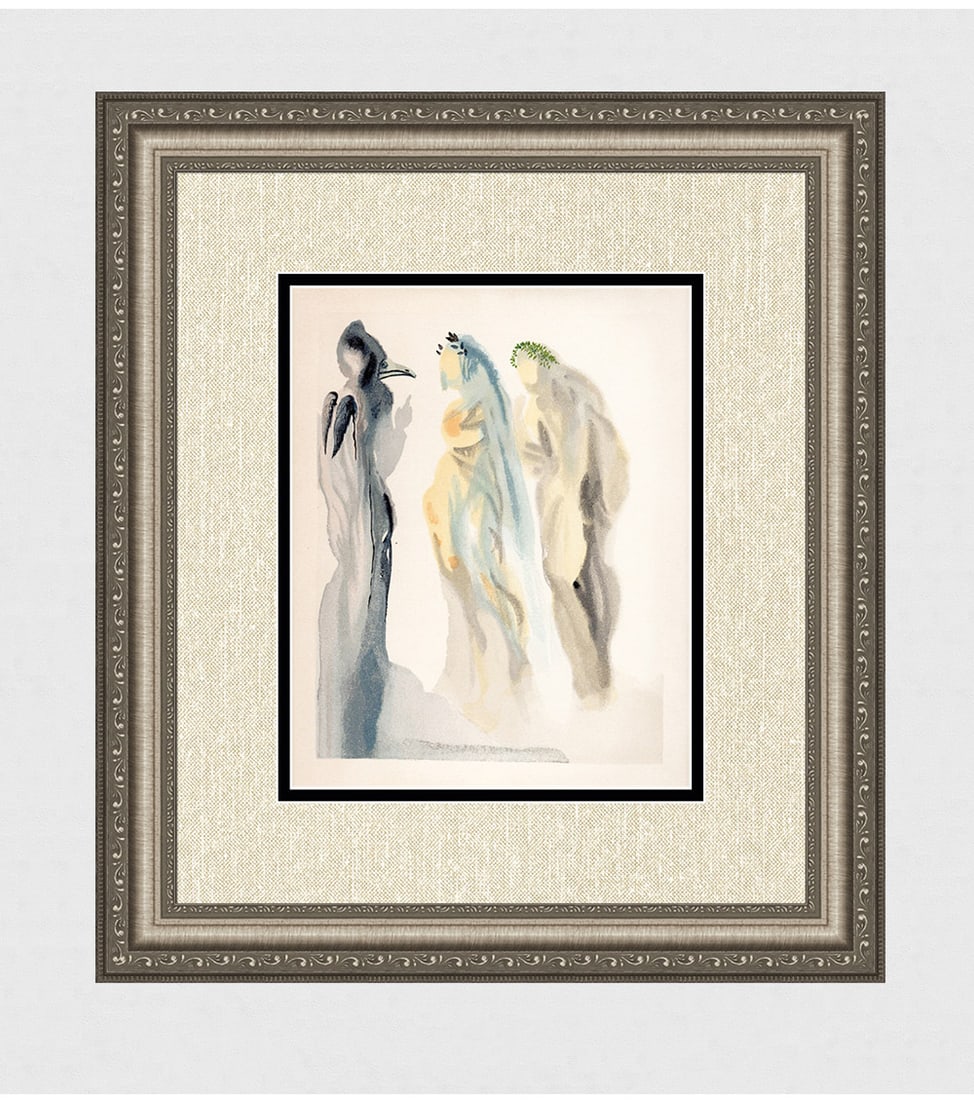 1960 Salvador Dali Venus Authentic Woodcut: Salvador Dali. (1904-1989). "The Sphere of Venus" Paradise Canto 9. Authentic Original Color Woodcut from The Divine Comedy Printed in 1960 on B.F.K. Rives Paper ( this is not a reproduction, copy, or