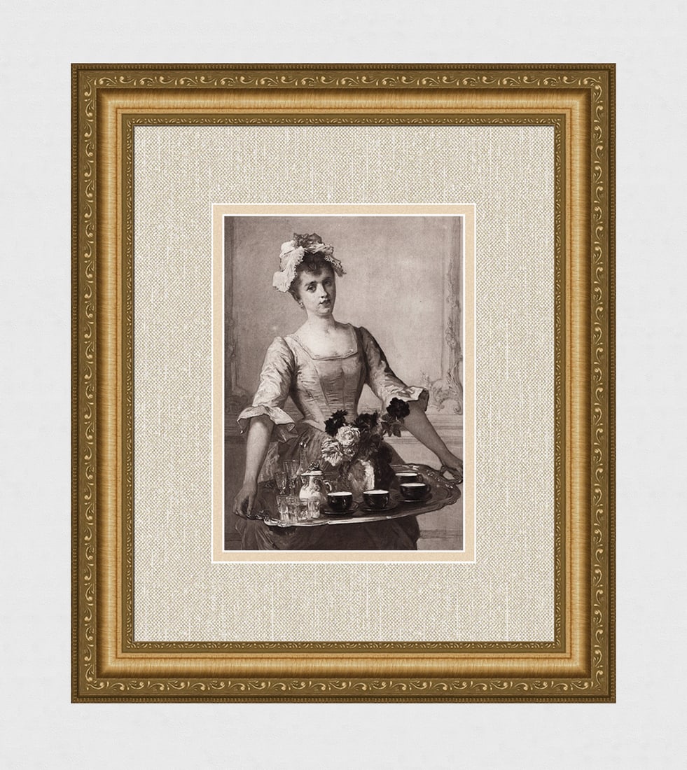 Charles Monginot 1800s Antique Print Soubrette, Louis XV Framed Signed: Charles Monginot (French, 1825-1900).Soubrette, Louis XV. Antique heliogravure on thick wove paper after the original. Year: c. 1890. Signed in the plate, lower right. Image Size 6 3/4 x 10 inches. Fr