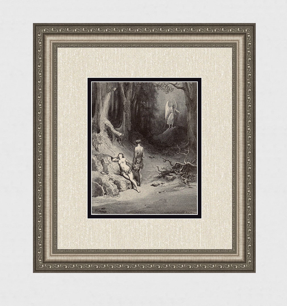 Gustave Dore Adam & Eve Judged (Milton's Paradise Lost) c. 1880 Wood Engraving Signed: Gustave Dore (Paul Gustave Louis Christophe Dore) (French, 1832-1883). Adam and Eve's Banishment (Milton's Paradise Lost). Antique Wood Engraving on wove paper after the original by master wood engrav