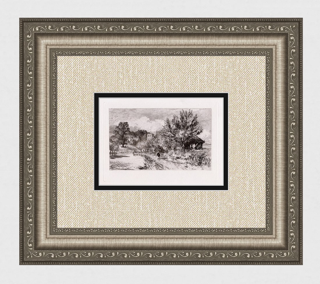 Alfred Dawson Iffley etching signed: Alfred Dawson. (British, 1843-1931). "Iffley". Antique etching on thick laid paper. 1884. Signed in the plate lower right. Excellent. Image size 4 x 6 5/8 inches. Gallery Matted and Framed in a New So