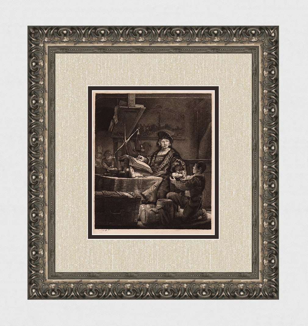 1800s REMBRANDT B281 Etching The Goldweigher Durand SIGNED Framed: After Rembrandt Harmenszoon Van Rijn (1606-1669). The Goldweigher. Antique hand pulled copper plate etching on laid paper after the original by master etcher Amand Durand (1831 - 1905). Year: c. 1880