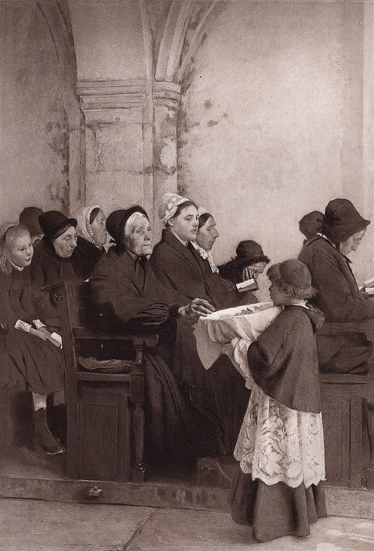 1800s Dagnan Bouveret Antique Print In a French Church Framed COA: Pascal-Adolphe-Jean Dagnan-Bouveret (1852-1929). In a French Church. Antique heliogravure on heavy wove paper after the original by a Master Engraver. Year: c. 1890. Image size 7 7/8 x 11 1/2 inches.