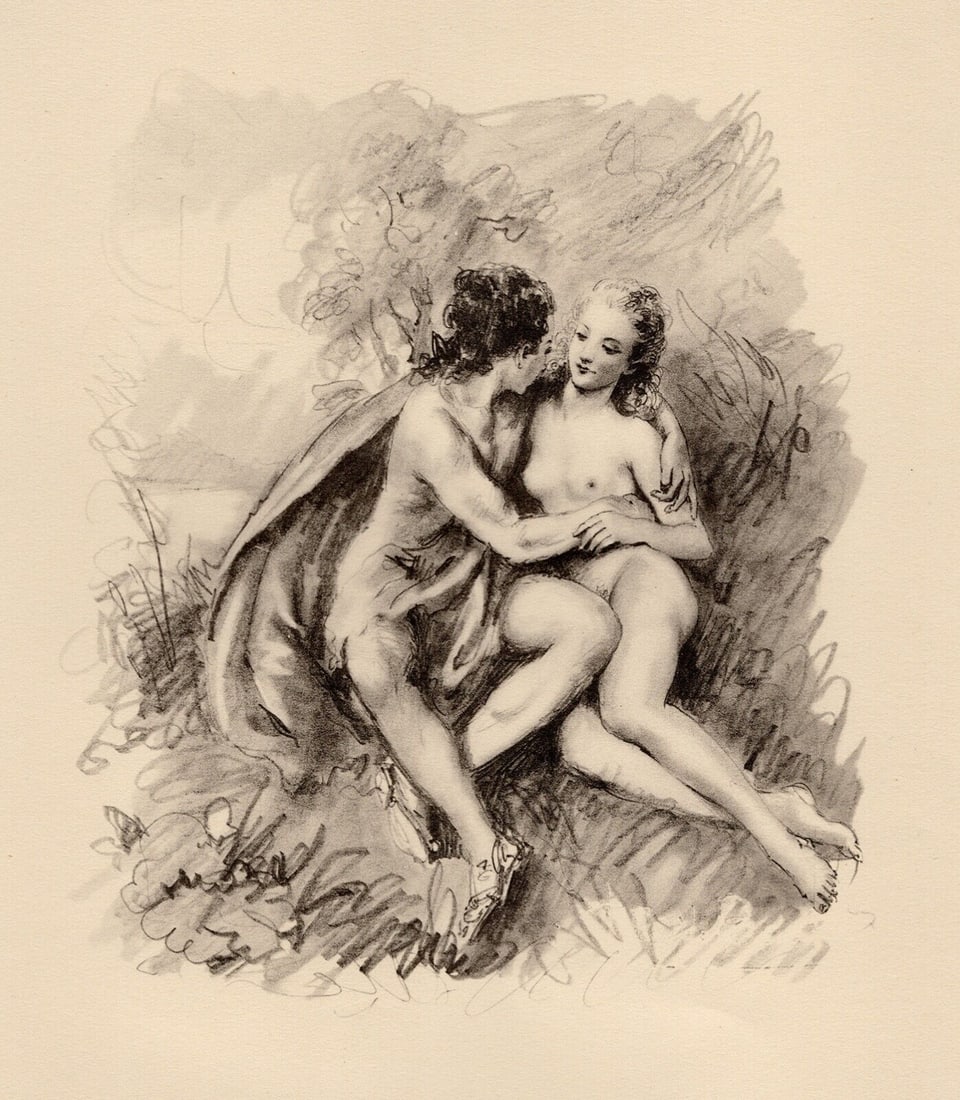 Original 1947 Paul-Emile Becat Nude Limited Lithograph Lover's Glance Framed: Paul-emile Becat (French, 1885 - 1960). Love at First Sight I (Le coup de foudre I). Original lithograph on Chiffon Renage paper. Year: 1947. Numbered limited edition. This is one of 254 numbered copi