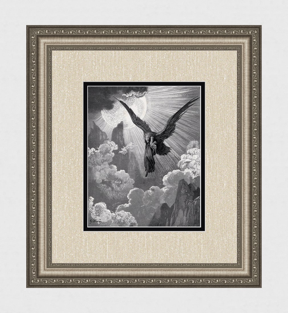 1800s DORE Divine Comedy Wood Engraving "Dante and the Eagle" FRAMED Signed: Gustave Dore (Paul Gustave Louis Christophe Dore) (French, 1832-1883). Chant 9 Dante and the Eagle (from Dante's Divine Comedy Purgatory). Antique Wood Engraving on wove paper executed by master wood