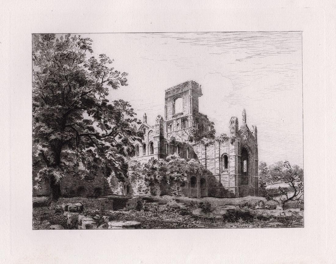 1882 Charles Henri Toussaint Kirkstall Abbey, from the South East etching signed (1 of 2)