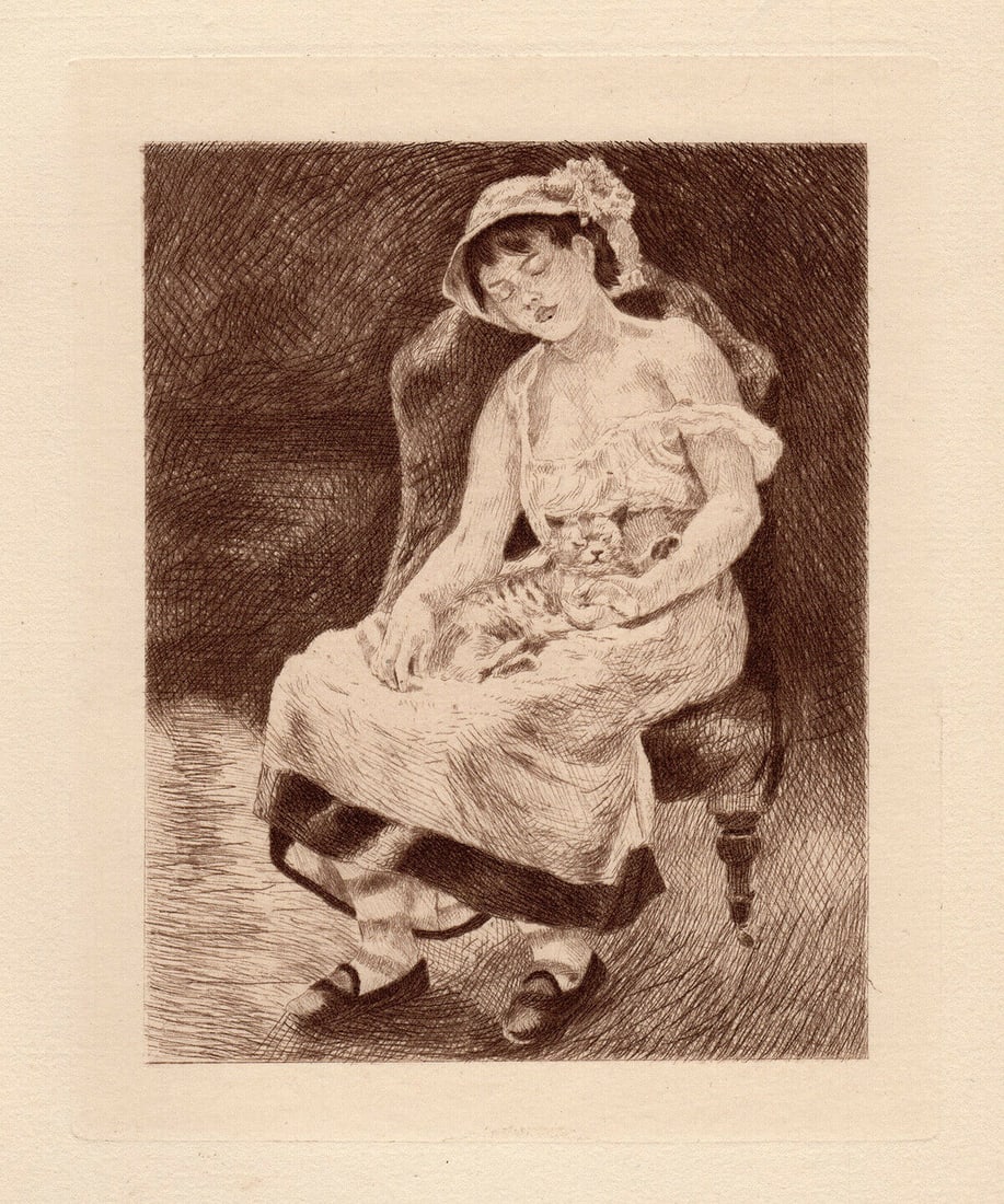 Auguste RENOIR Drypoint 1892 Etching "Femme Au Chat": Pierre Auguste Renoir (1841 - 1919). Femme au Chat. Hand Pulled Copper plate etching with drypoint, printed in Bistre ink, on cream laid paper after the original by Auguste Marie Lauzet (1865 - 1898).