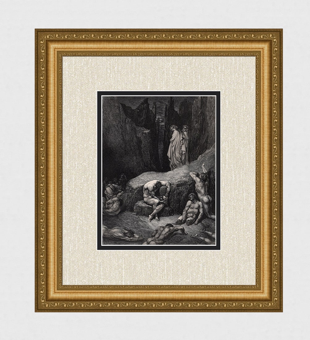 LOOK 1800s Gustave Dore Signed Divine Conedy Wood Engraving "Geri del Bello" Framed COA: Gustave Dore (Paul Gustave Louis Christophe Dore) (French, 1832-1883). Chant 29. Geri del Bello (Dante's Divine Comedy Enferno). Antique Wood Engraving on wove paper executed by master wood engraver A