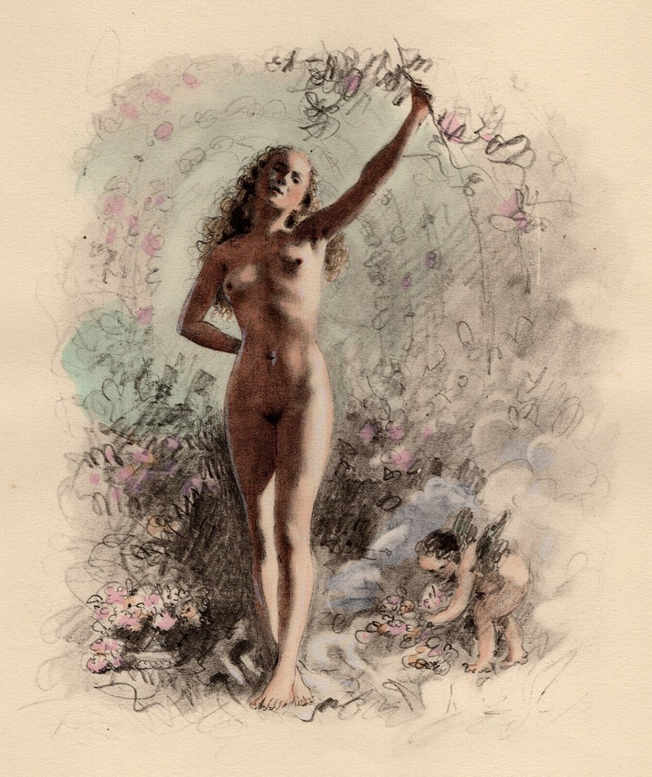 Original 1947 Paul-Emile Becat Nude Limited Lithograph Dans la Roseraie Framed: Paul-emile Becat (French, 1885 - 1960). In the Rose Garden I (Dans la Roseraie I).Original lithograph on Chiffon Renage paper. Year: 1947. Numbered limited edition. This is one of 254 numbered copies.