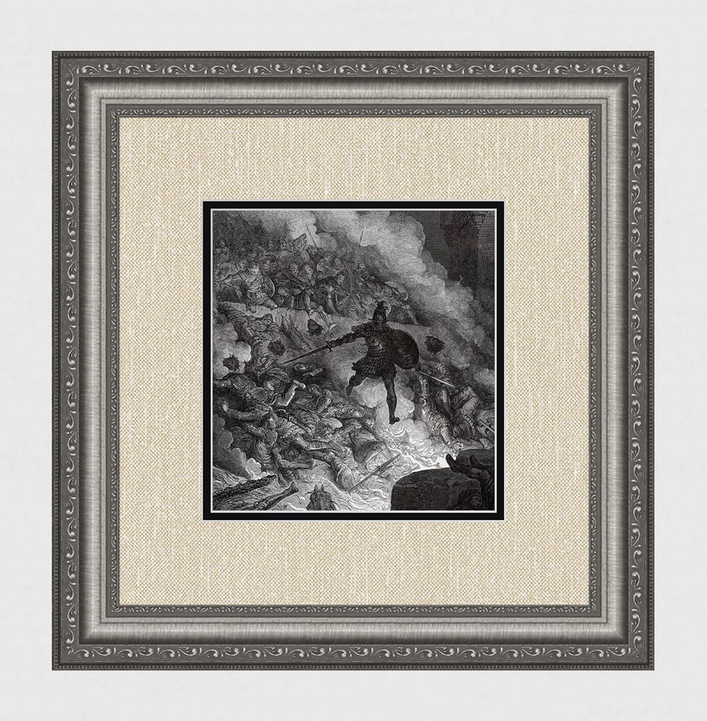FRAMED 1800s Gustave DORE Woodcut Orlando Furioso the Siege of Paris SIGNED: Gustave Dore (Paul Gustave Louis Christophe Dore )(French, 1832-1883). At the Siege of Paris, Rodomonte leaps over a huge moat. (From Orlando Furioso). Antique woodcut on wove paper after the original