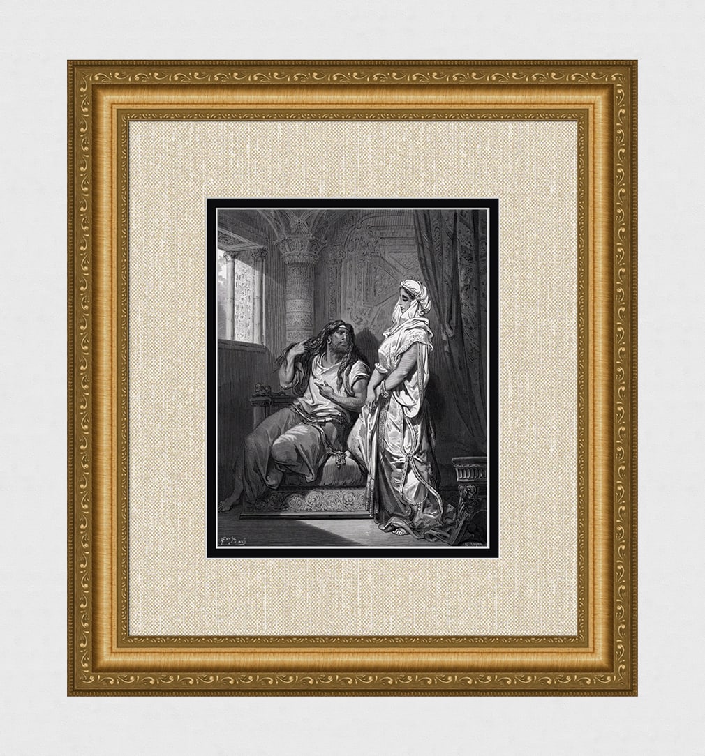 1800s GUSTAVE DORE SIGNED Biblical Woodcut SAMSON & DELILAH Framed: Gustave Dore (Paul Gustave Louis Christophe Dore) (French, 1832-1883). Samson and Delilah. Antique woodcut wove paper after the original by a master wood engraver Ad Lingny (French, active 1855 - 1876