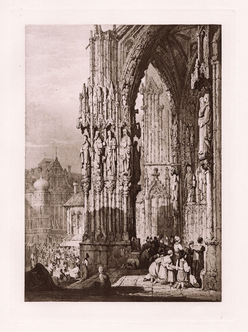 1888 Samuel Prout Porch of Ratisbon Cathedral print signed Framed: Samuel Prout. (British, 1783-1852). Porch of Ratisbon Cathedral. Antique heliogravure on wove paper after the original by a master etcher Dujardin. 1888. Signed in the plate. Excellent. Image Size 7 1