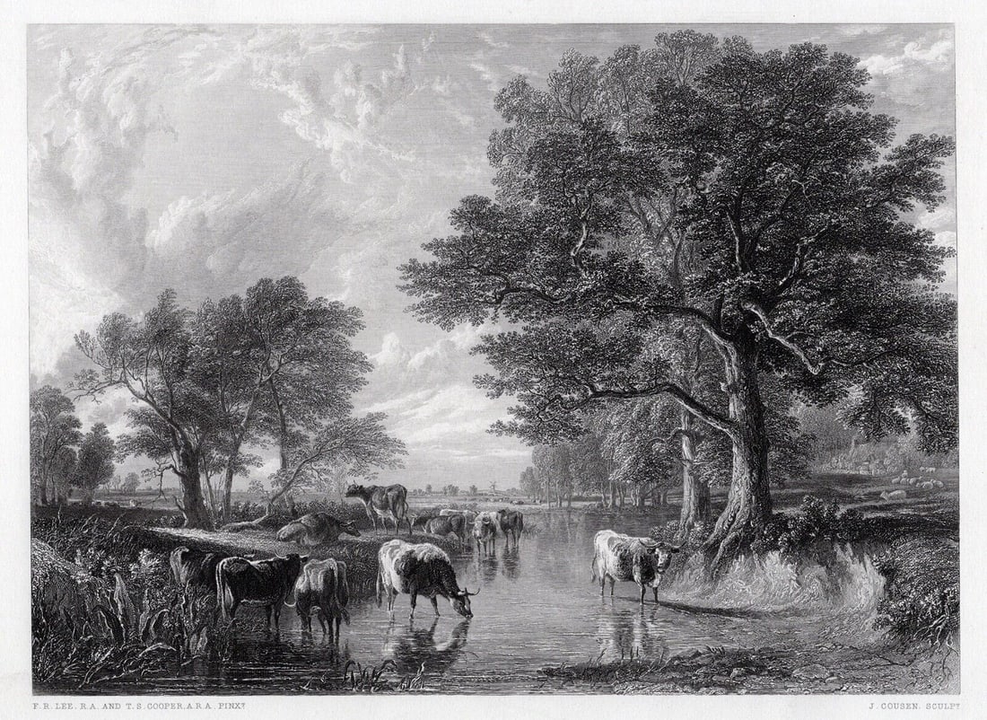 F. R. LEE & T. S. COOPER 1800s Engraving "Landscape with Cows" Framed Signed (1 of 3)