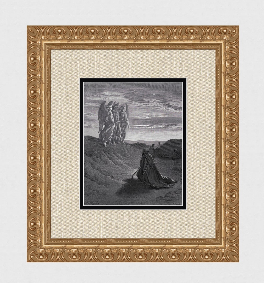 Gustave Dore 1800s Biblical Wood Engraving Abraham's Celestial Visitors FRAMED SIGNED: Gustave Dore (Paul Gustave Louis Christophe Dore) (French, 1832-1883). Abraham and the Three Angels (from Dore's Bible). Antique Wood Engraving on wove paper executed by master wood engraver Ad Ligny