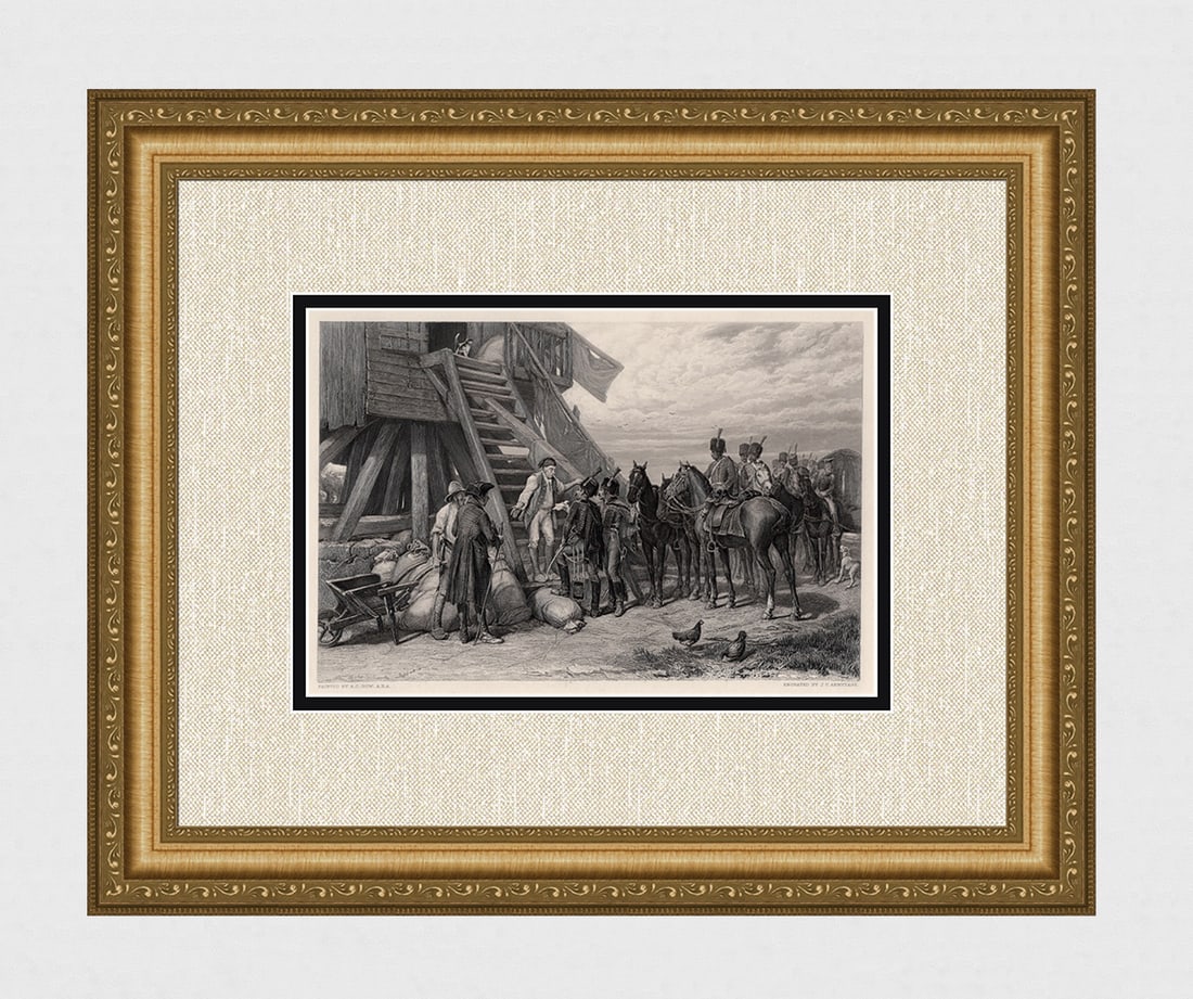 Andrew Carrick Gow 1800s Engraving "Requisitioned" SIGNED Framed: Andrew Carrick Gow RA (British, 1848 - 1920). Requisitioned. Antique steel engraving on wove paper after the original by master engraver James Charles Armytage (English, c. 1802 - 1897). Year: 1885. S