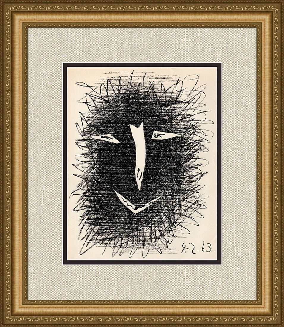 1964 Pablo Picasso Deux Masques I Lithograph Framed Mourlot: Pablo Picasso (Spanish,1881-1973). Deux Masques I. Color Lithograph on wove paper. 1964. Sauret. Atelier Mourlot. Image size 9 1/2 x 12 3/8 inches. Approximately 19 x 22 inches. This piece has been pr