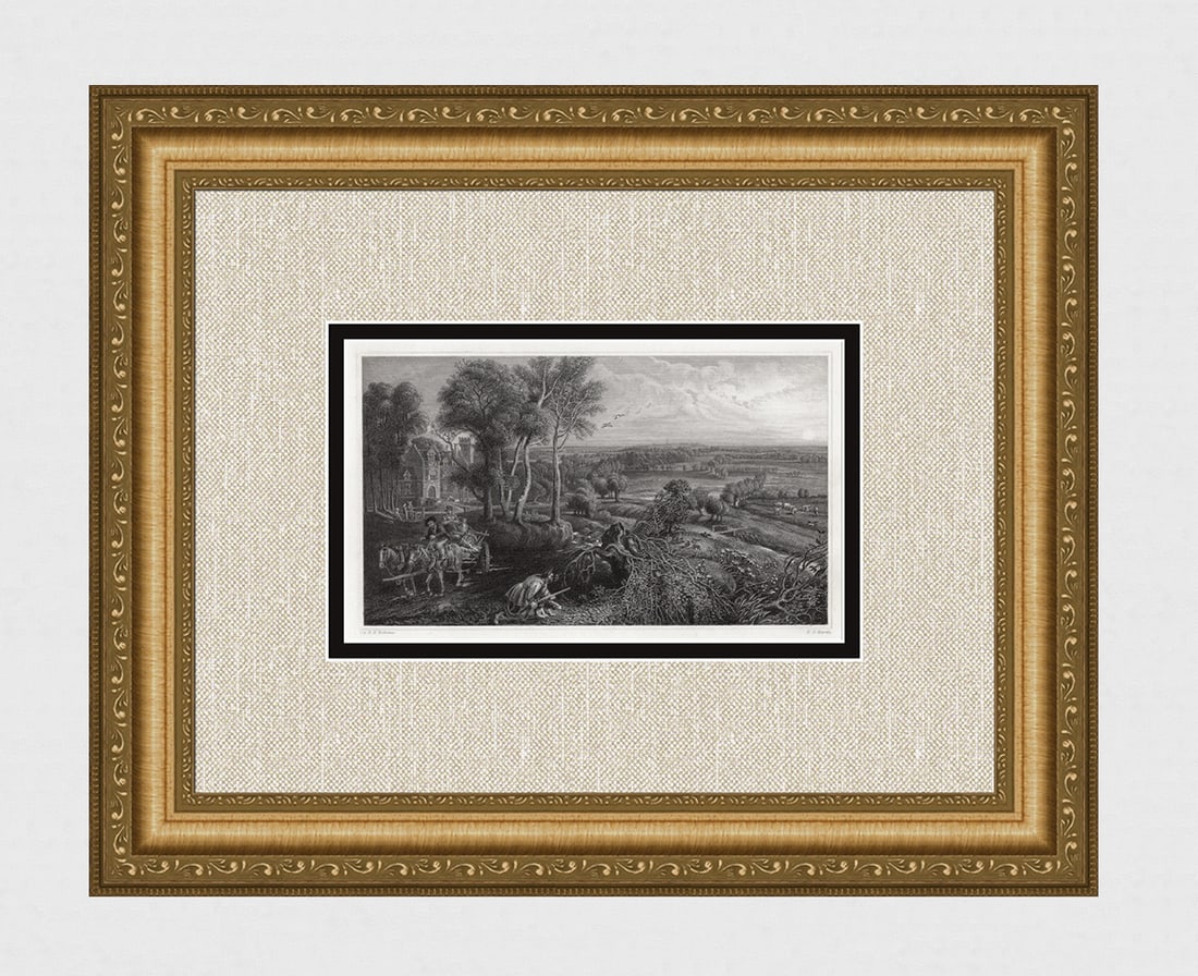 Peter Paul Rubens Landscape 1834 Engraving Signed: Peter Paul Rubens. Landscape. Antique Steel Engraving on Wove Paper after the Original Painting by Master Engraver E.J. Havell. 1834. Signed in the plate. Image Size - 4 1/2 x 7 7/8 inches. Framed dim