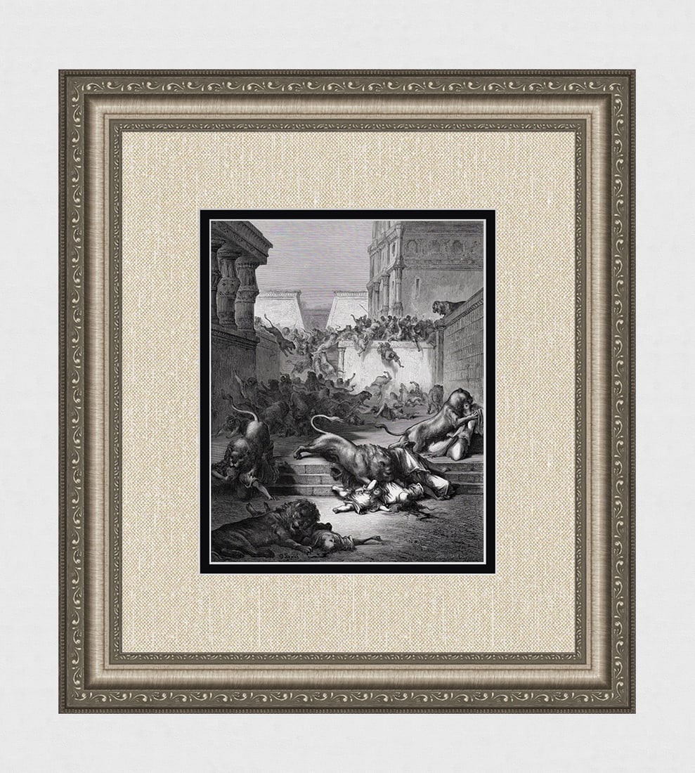 SIGNED 1800s Gustave DORE'S BIBLE Woodcut Nations Slain by the Lions FRAMED: Gustave Dore (Paul Gustave Louis Christophe Dore) (French, 1832-1883). The Strange Nations Slain by the Lions (from Dore's Bible). Antique woodcut wove paper after the original by a master wood engrav
