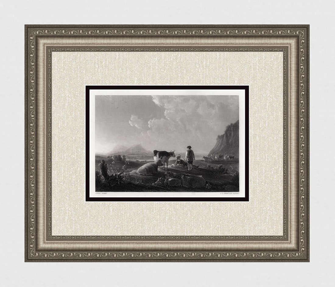 Aelbert Cuyp 1800s Engraving "Resting Shepherd Landscape" Signed Framed: Aelbert Cuyp (Aelbert Jacobsz Cuyp) (Dutch 1620 – 1691). A Sunny Day. Antique engraving on wove paper after the original master engraver Joseph Clayton Bentley (British, 1809-1851). Year: 1868. Sign