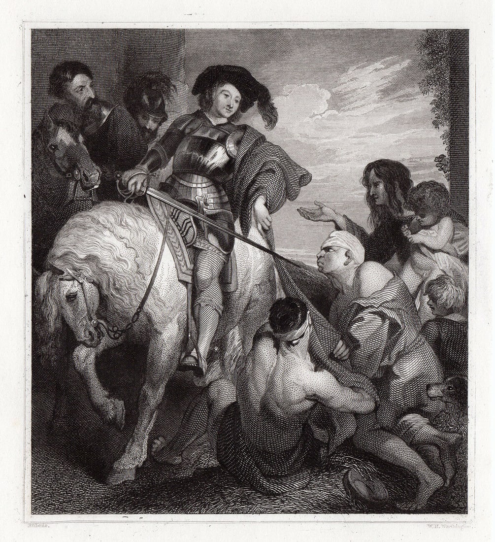 Sir Peter Paul Rubens St Martin Dividing his Cloak 1834 Engraving Signed: Sir Peter Paul Rubens. St Martin Dividing his Cloak. Antique steel engraving on wove paper after the original by Master Engraver William Henry Worthington (ca. 1795-ca. 1839). 1834. Signed in the plat