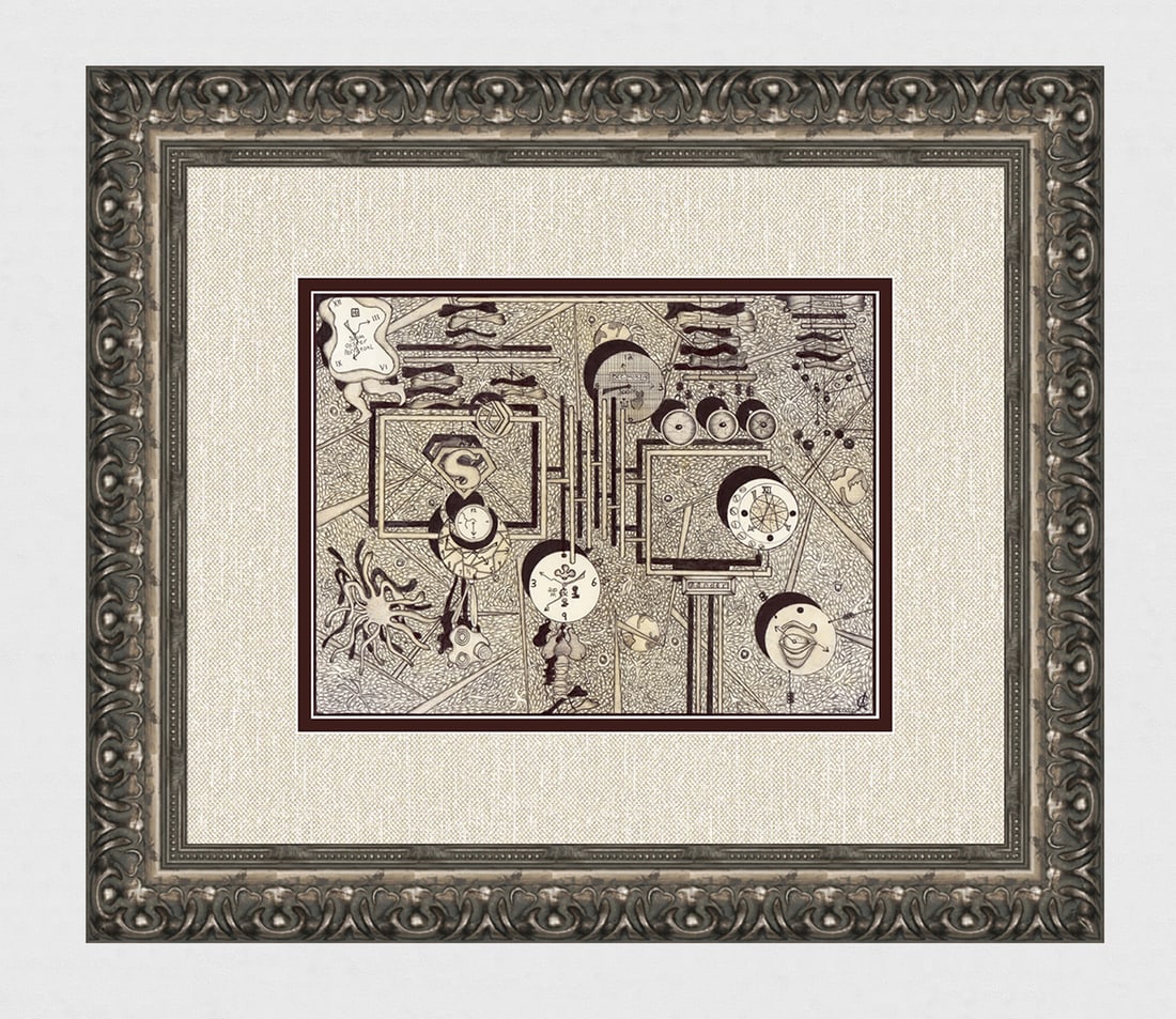 Alexander Constantine Ink Drawing Bones of Time signed: Alexander Constantine. Bones of Time. Original ink drawing. Year: 2012. Signed by the Artist, lower right. (Ink study for a painting). Sight 7 x 9 3/8 inches. 15 x 17 1/4 inches. This piece has been p