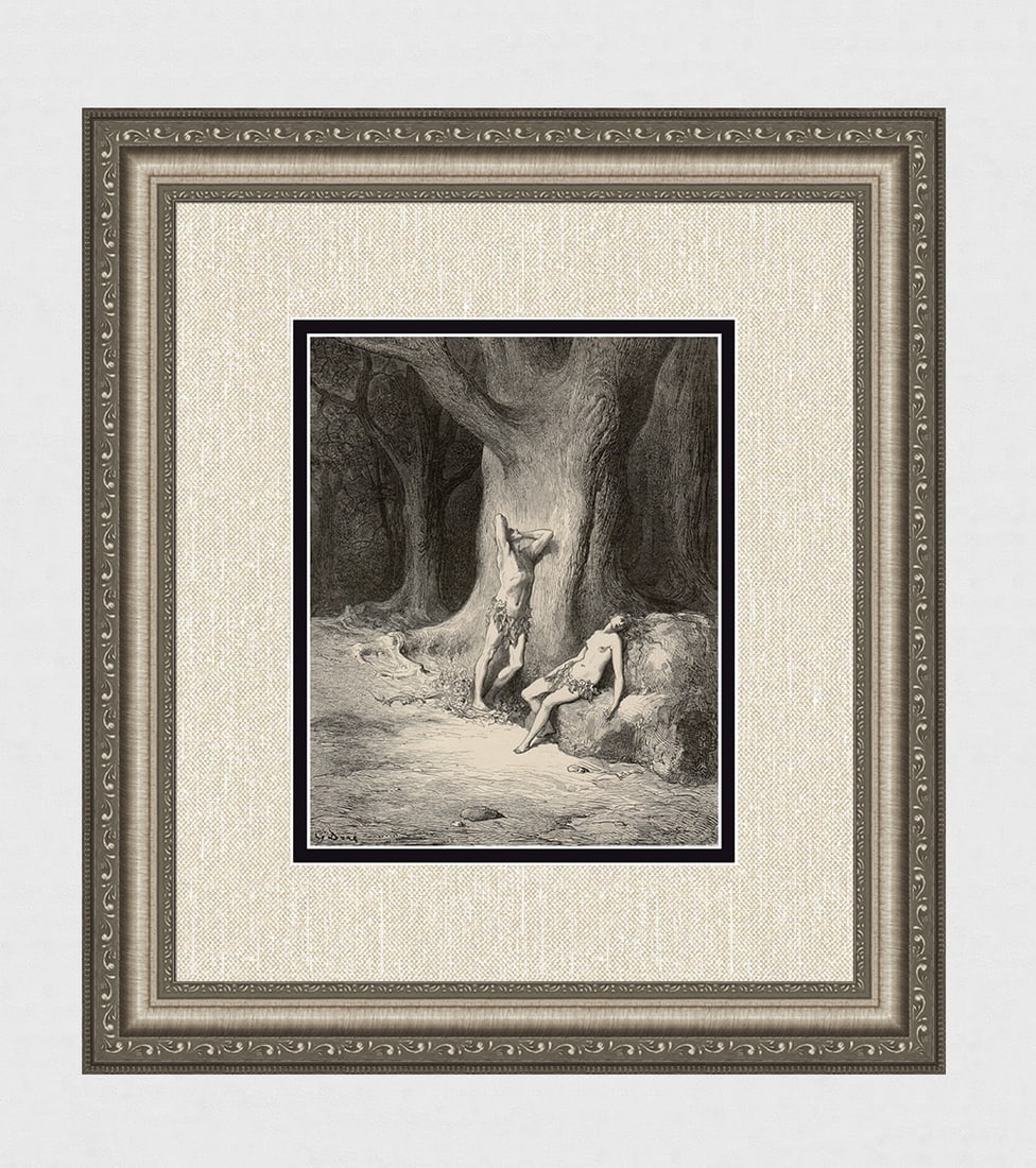 Gustave Dore Sin's Consequences, Adam and Eve (Milton's Paradise Lost) c. 1880 Wood Engraving Signed: Gustave Dore. Adam and Eve, The Fall of Man (Milton's Paradise Lost). Antique Wood Engraving on wove paper executed by master wood engraver Adolphe Gusman (Gusmand) (French; 1821 - 1905). c. 1880. Sig