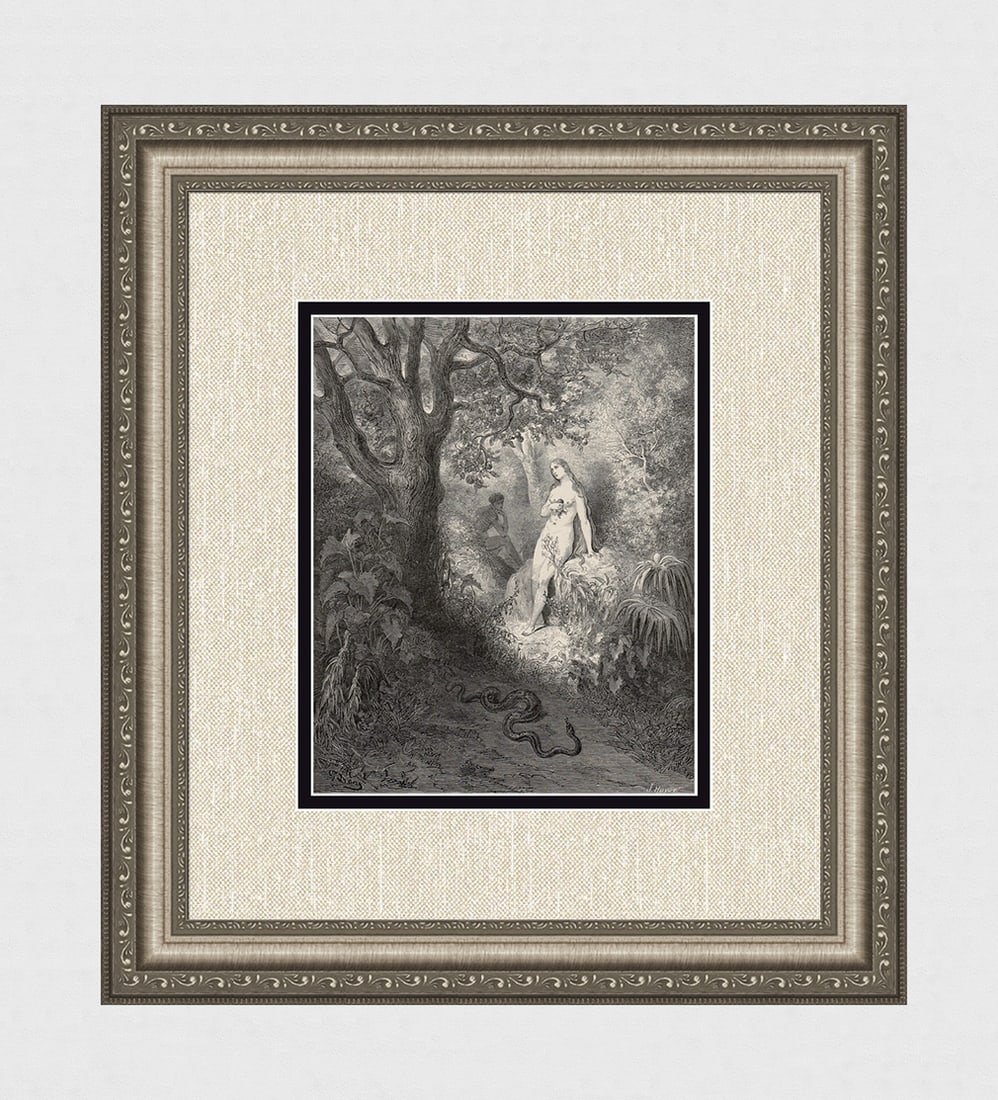 Gustave Dore Eve and the serpent (Milton's Paradise Lost) c. 1880 Woodcut Signed: Gustave Dore (Paul Gustave Louis Christophe Dore) (French, 1832-1883). The Serpent deceives Eve (Milton's Paradise Lost). Antique woodcut wove paper after the original by master wood engraver Jules Je