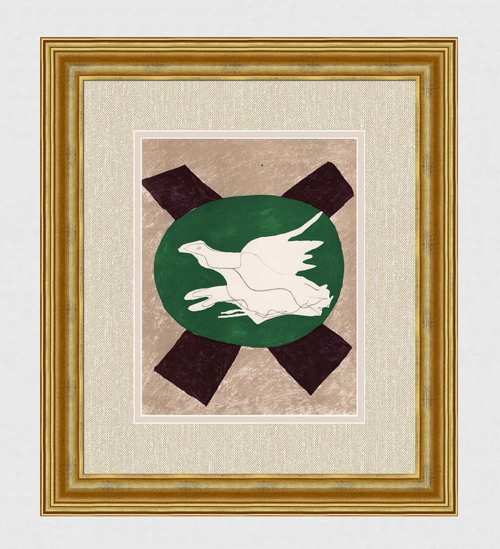 1975 Georges Braque Original Bird Lithograph Framed: Georges Braque (1882 - 1963). "Bird on x Background (Oiseau sur fond X)." Original Color lithograph on wove paper. Year: 1975. Printed by Moulot. Published in Paris by San Lazzaro. Sheet Size c. 9 1/2