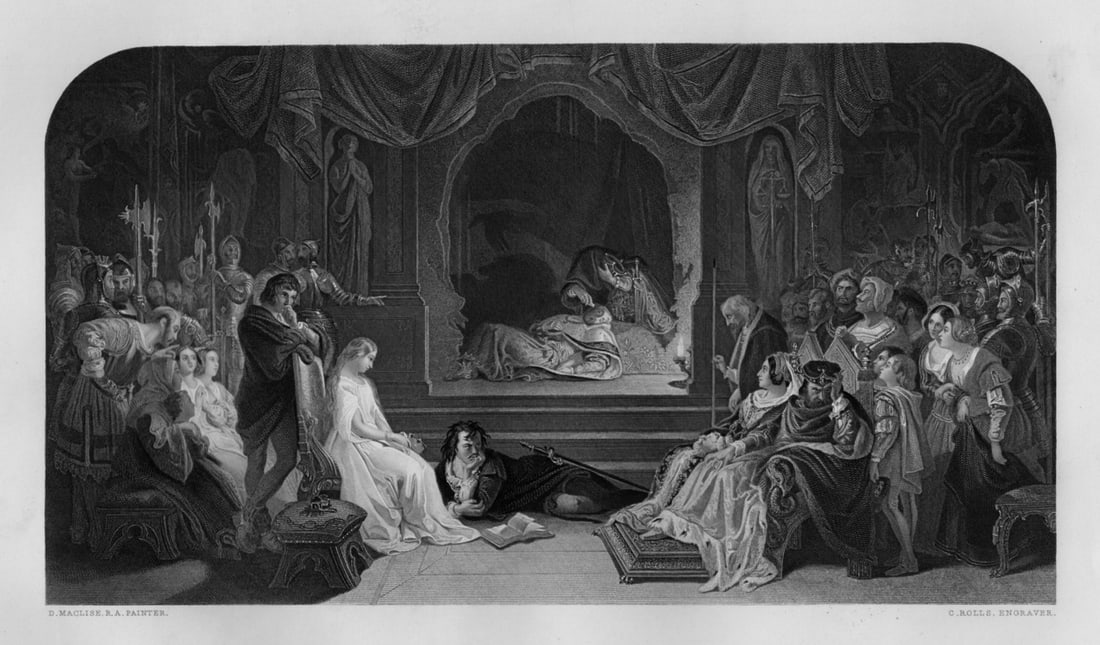 1800s Daniel MACLISE SIGNED Engraving The Murder of Hamlet's Father FRAMED: Daniel Maclise (Irish, 1806-1870). Hamlet. Antique engraving on wove paper after the original by master engaver Charles Rolls (British,1799-1885). Year: 1854. Signature: Signed in the Plate. Image Siz