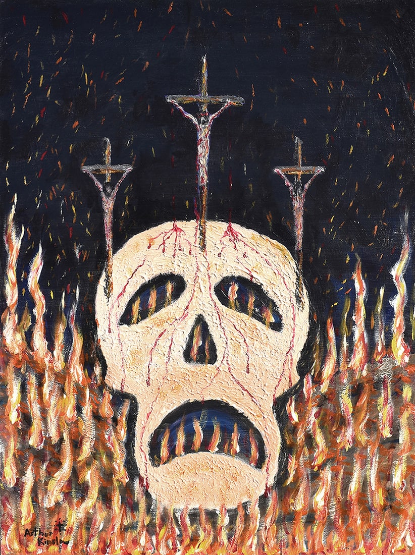 Arthur Kinslow Orginal Painting Crucifixion 30 x 40: Arthur Kinslow ( American, 1955 - ) The Crucifixion. Original Acrylic on Canvas.Signed by the artist lower left. Canvas Size 40 x 30 inches. Arthur Kinslow has been involved in art his entire life and