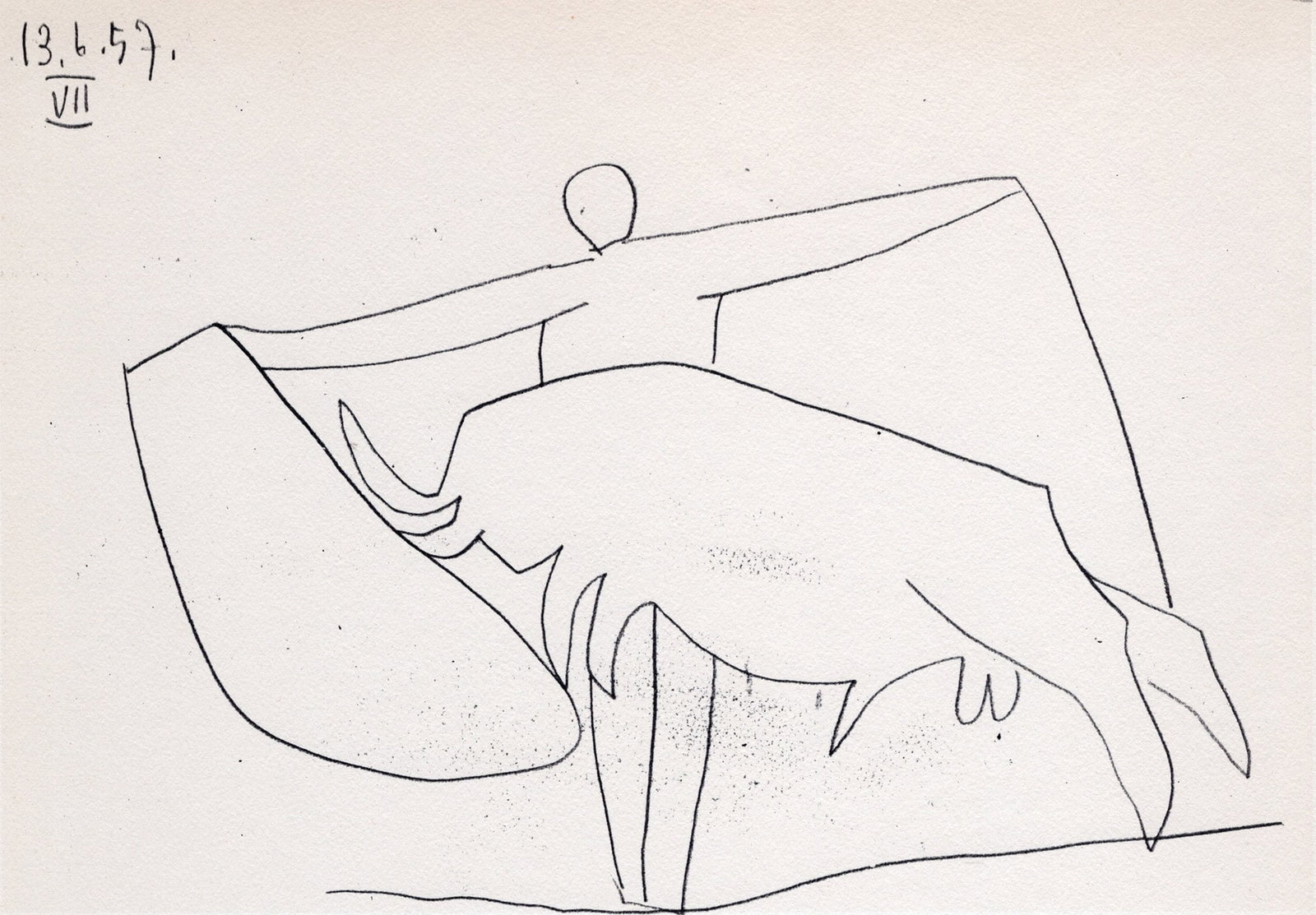 Pablo Picasso 1961 Vintage Lithograph Bullfight FRAMED: Pablo Picasso (1881 - 1973). Dancing with the Bull (Bailando con el Toro). Black and white offset lithograph, on Arches paper, after the original sketch. Atelier: Mourlot. Year: 1961. Signature/Dated: