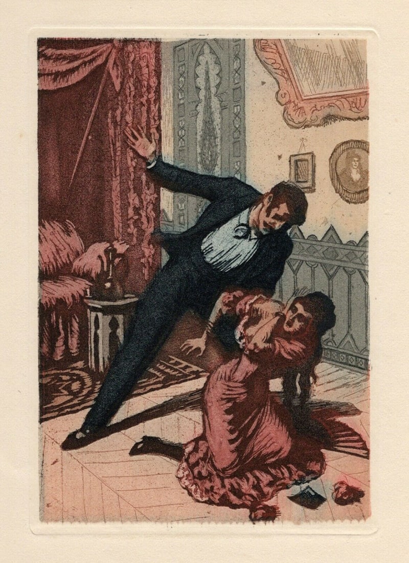 Jean Virolle 1930 Color Engraving "Andre and Conchita" Limited Framed: Jean Virolle (French, 1890). Andre Punishing Conchita. Original color aquatint engraving on wove paper. Year: 1930. Limited to 3300. Image Size 3 5/8 X 5 3/8 inches. Framed dimensions approximately 13