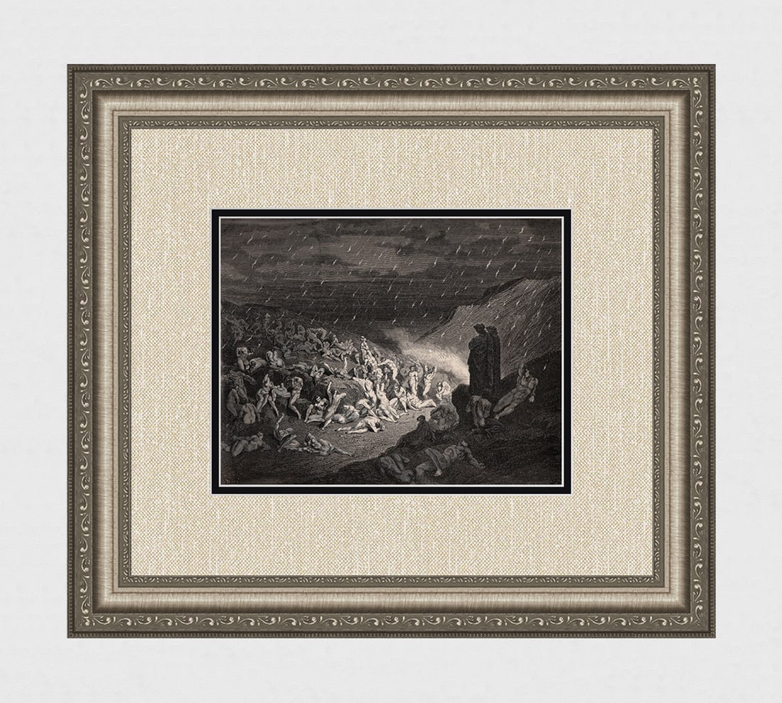 Gustave Dore Plain of Fire (Dante's Divine Comedy Enferno) c. 1880 Wood Engraving: Gustave Dore (Paul Gustave Louis Christophe Dore) (French, 1832-1883). Chant 14 Plain of Fire (Dante's Divine Comedy Enferno). Antique Wood Engraving on wove paper executed by master wood engraver Gas